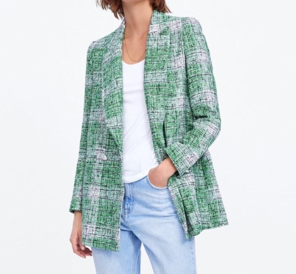 ZARA Tweed Frock Coat Blazer Sz L Green Plaid Blogger Favorite